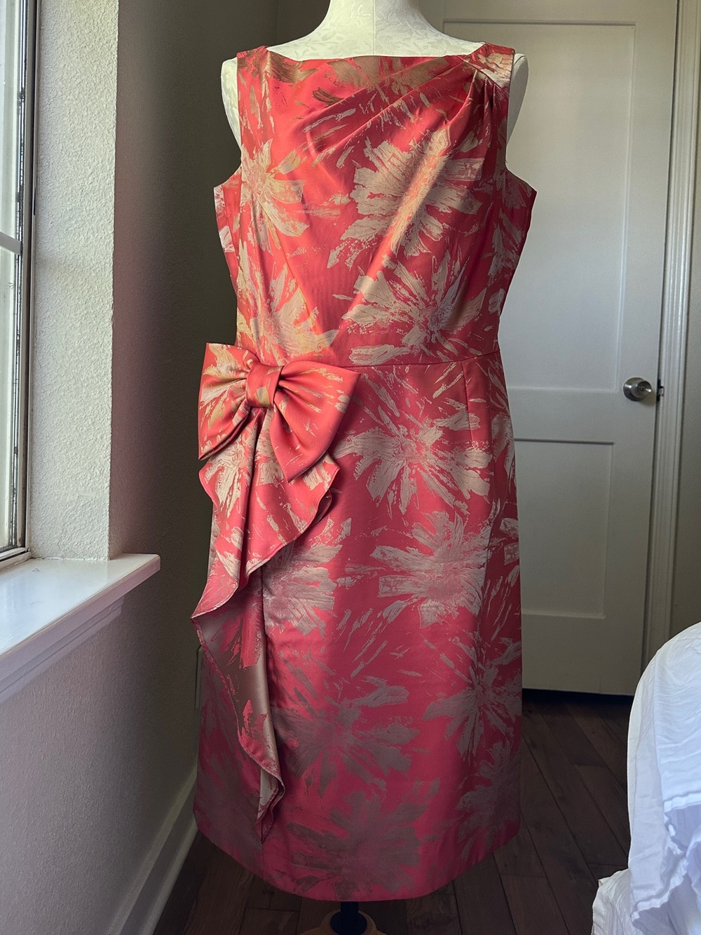 Rickie Freeman Teri Jon Pink Metallic Jacquard Bow Wedding Guest Dress 14 - Picture 3 of 12